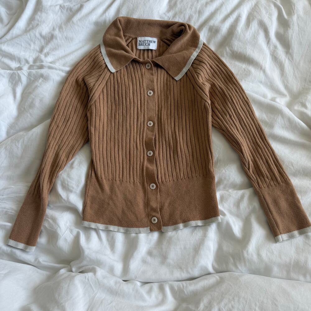 MATTHEW BRUCH Rib Knit Cropped Cardigan Khaki Size 2 / Small - Picture 2 of 5